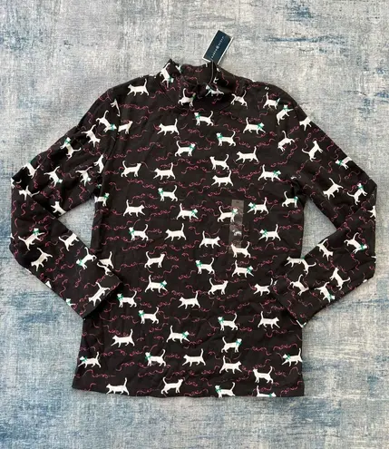 Karen Scott Black White Pink Kitty Cat Ribbon Print Mock Neck Top Medium