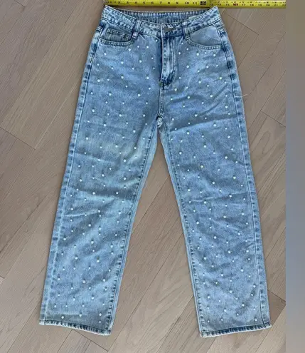 Women's Light Blue Pearl Beaded Slightly Flare Jeans