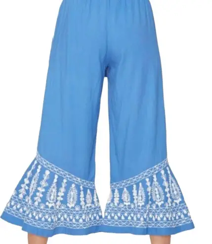 Roller Rabbit Blue Embroidered Trim Cropped Flowy Pants Size XS