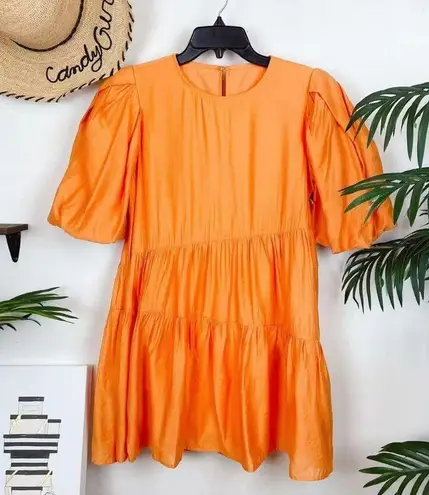 Moon River Bubble Sleeve Tiered Mini Dress in Orange