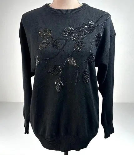 Vintage 80's/90's Jade Black Sequin Embellished Cotton Ramie Sweater Size Large