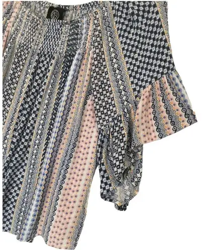 Bobeau Womens Size S Short Flutter Sleeve Flowy Top Geometric Print Blue