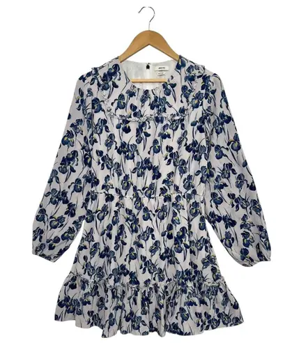 Jason Wu Dress Womens 10 White Blue Silk Floral Ruffle Mini Long Sleeve Designer