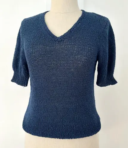 Vintage Casual Corner Blue Knit V Neck Short Sleeve Top Pullover XS/S