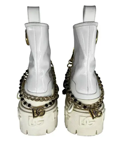 Dolce & Gabbana  Calfskin Patent Leather Ankle Boots With Bejeweled Chain