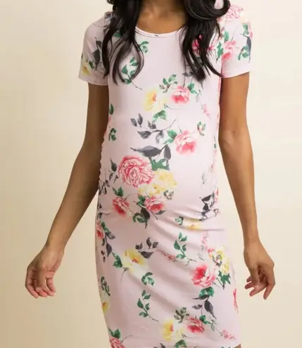 Pinkblush Pink Floral Fitted Ruched Short Sleeve Maternity Dress Size S