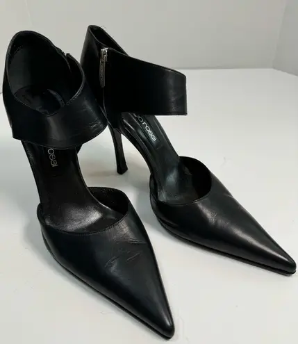 Sergio Rossi Black Pointy Toe Ankle Strap Leather Heels Pumps size 37 6.5