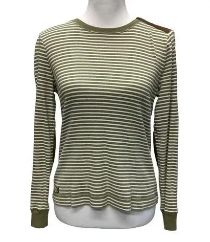 Lauren Ralph Lauren Green Cream Stripe Long Sleeve Tee Size M Faux Suede Patches Size M