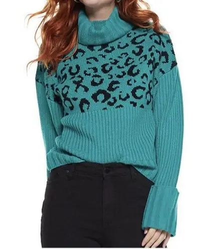 Nine West Sweater Women’s Sz M Teal Cheetah Ribbed Knit Turtleneck Pull Over New