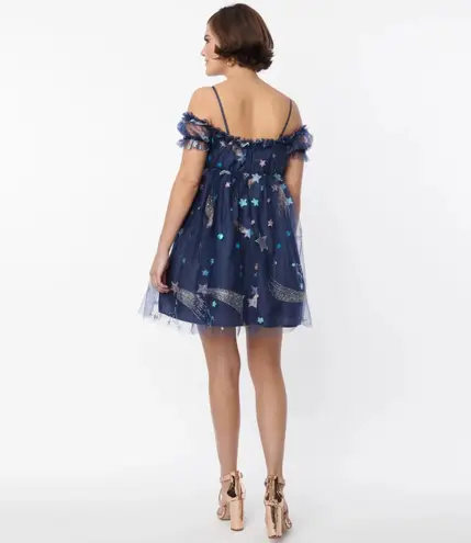 Unique Vintage Navy Glitter Off-The-Shoulder Babydoll Dress