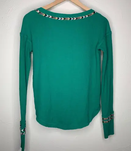 Free People Small Teal Green Thermal Knit Long Sleeve Button Up