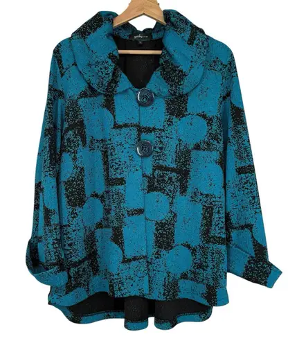 Yushi Women's Textured Jacket Size L Blue Black Big Button Art to Wear Artsy Size L
