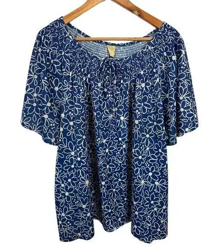 Lounge Vintage Womens 1X Top MuuMuu Shirt Short Sleeve Hawaiian Blue Floral