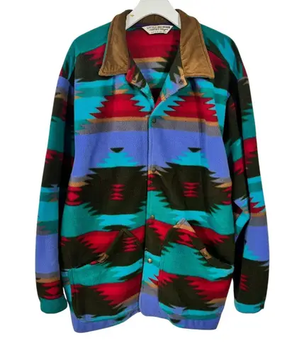 Little Big Horn Shirt Co. Sweater Women L Aztec Suede Collar USA Fleece Navajo Blue Size L