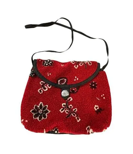 Vintage Tsunami Red Floral Wool Crossbody Bag With Black Trim & Zipper Closure Red
