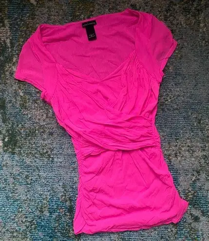Moda International hot pink nylon layered short sleeve wrap shirt, size medium