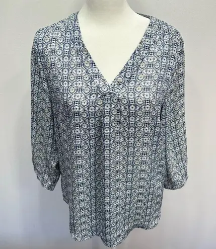 Anne Carson Blue White & Beige Medallion Print Semi Sheer Long Sleeve Blouse