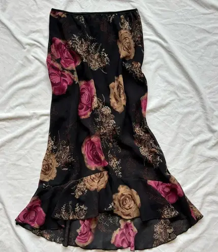 vintage black and magenta floral ruffle maxi skirt with glitter sequin details Pink Size M
