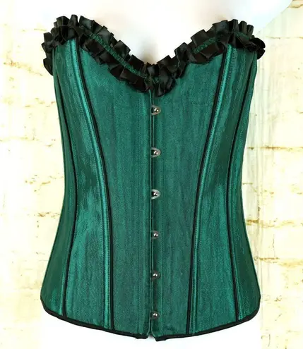 Overbust Corset Womens L Green Satin Black Trim Boned Halloween Cosplay Goth Size L