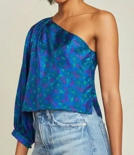 Veronica Beard Lyric One Shoulder Silk Blouse Floral Cobalt Multi NEW