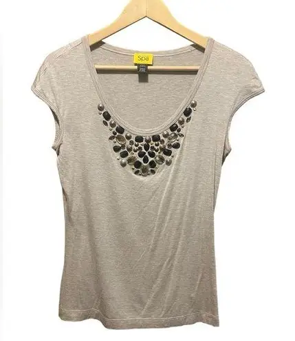 St. John Spa Oatmeal Melange Embellished Short Sleeve Shirt Size Small
