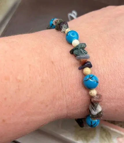 Handmade Gemstone Beaded Bracelet w/ Flower Clasp Boho Y2K Blue