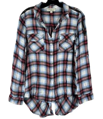 Olive & Oak Plaid Button Down Zipper Shoulder Split Tail Blouse Small - Image 1
