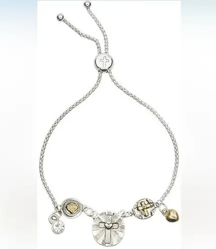 NWT Platinum and Yellow Gold Plated 18k FAITH Bolo Charm Slide Bracelet Silver