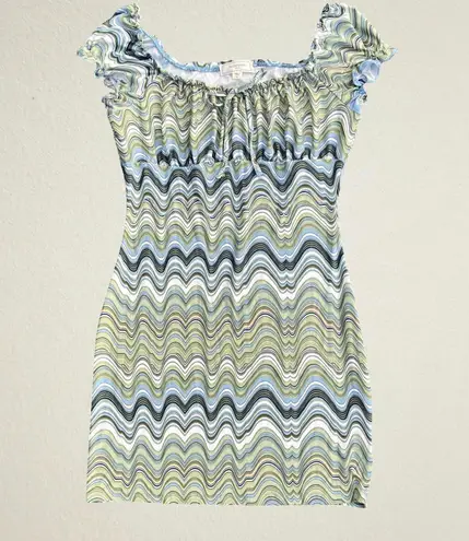 No Comment Y2K green wavy babydoll mini dress, groovy boho chic earth tones bohemian