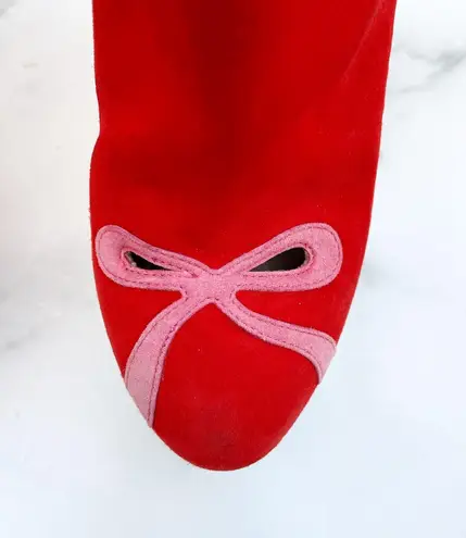 Charlotte Olympia Bella red yellow green suede colorblock mid-calf boots size 35