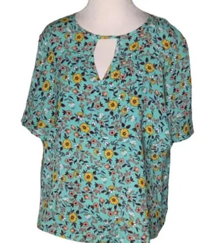 Wishful park  Turquoise & Yellow Flowers Boho Short Sleeves Flowy Top S