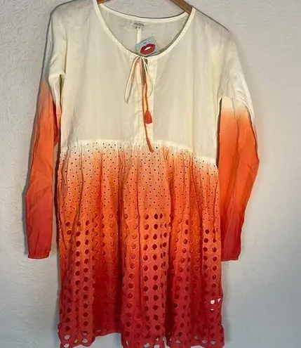 Velzera NEW Orange Ombré Eyelet Babydoll Dress Beach Coverup Long Sleeve Mini