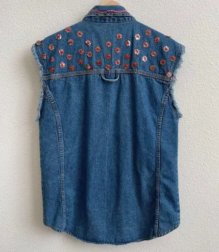 Vintage 90s Navy Denim Custom Reworked Floral Stitchwork Retro Button Up Vest Blue Size M