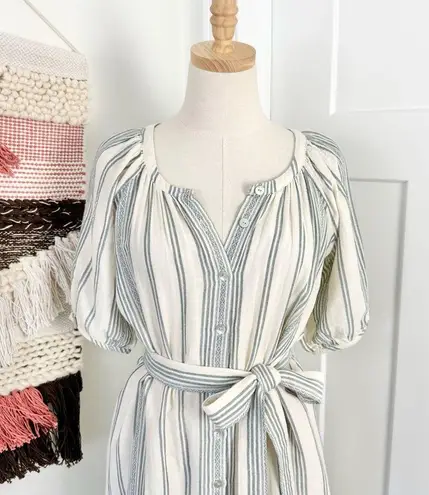 Faherty Dream Cotton Carmel Stripe Gauze Midi Shirt Dress Cream/Blue Sz XS NWT