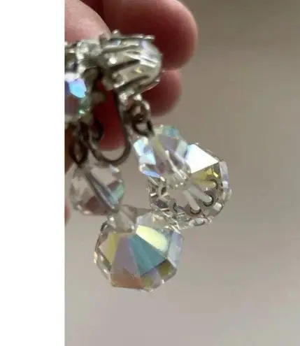 Vintage Clear Aurora Borealis Faceted AB Crystal Beaded Dangle Earrings Quality Silver