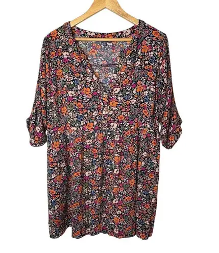 Democracy Floral Print Dress 3/4 Sleeve V Neck Pullover Womens Plus Size 1X
