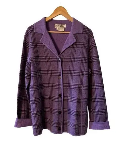 Carlisle Vintage  Sweater Jacket Collared Cardigan purple Black Checked Wool M