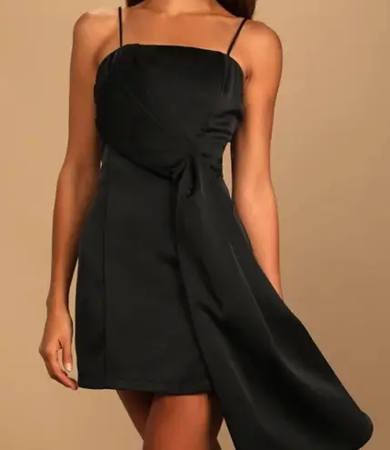 Lulus  Romantic Allure Black Satin Asymmetrical Mini Dress