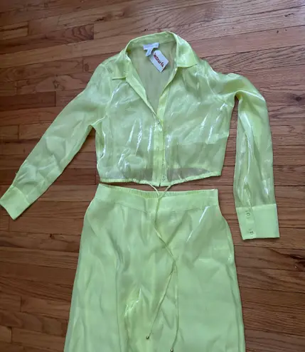 House of Harlow Y2k holographic iridescence Pant Set Shirt high Rise colorful neon coquette tie