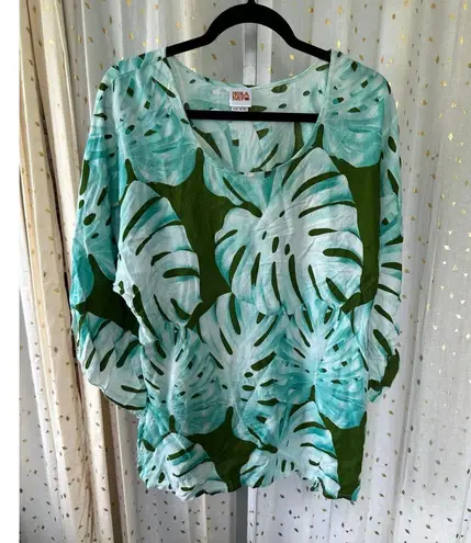 Hula Bay Women's Green Hawaiian Monstera Flowy Waterfall Bell Sleeves Blouse XL