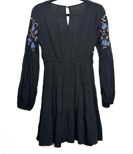 Blue Rain  Women's Black Embroidered Floral Tiered Mini Dress Small