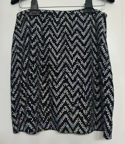 Just Polly Sequin Mini Skirt Black Silver Chevron Sz S