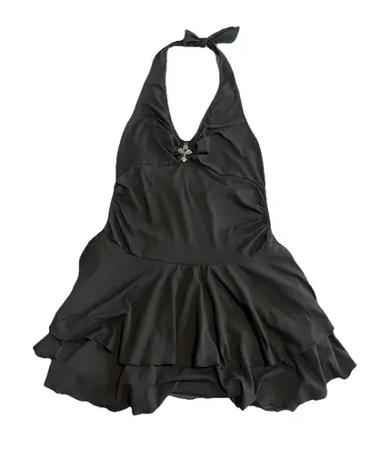 Beaudrm Tiered Mini Dress Size XL Black Sleeveless Halter Tie Neck Cross Pendant