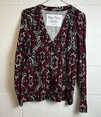 Onque Casuals Woman’s Business Casual Printed Vneck Chic Long Sleeve Top Medium Red