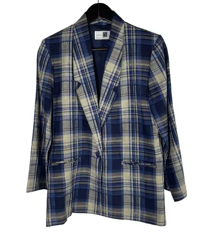 Vintage Christy Girl Petite Blazer Plaid Linen Blend Blue Beige Single Button 4 Size 4P