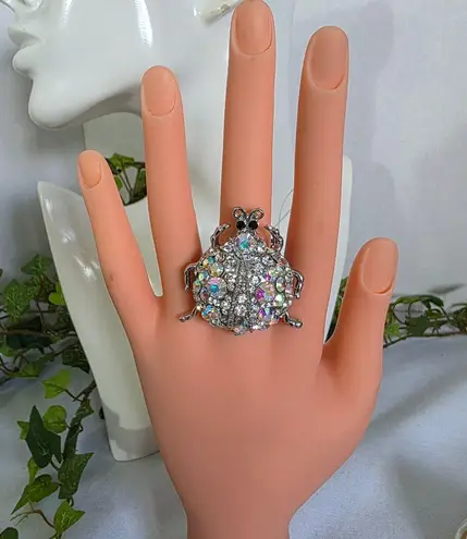 Vintage Statement Silver Beetle Bug Ring with AB Stones