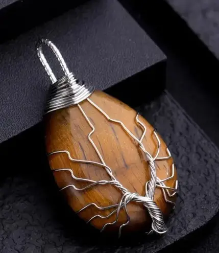Tiger Eye Natural Gemstone Tree Of Life Wire Wrap Pendant Necklace