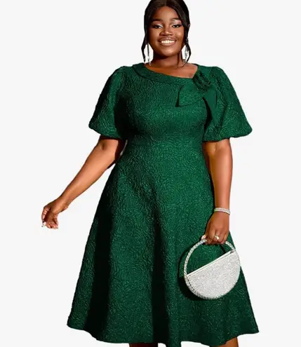 AOMEI Green Textured Midi Dress Puff Sleeve Bow Detail Women’s 4XL NWT Size 4X