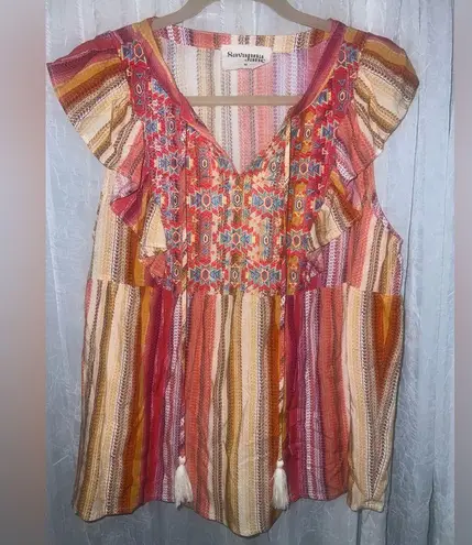 NWOT Savanna Jane Aztec Embroidered woven top size medium Red