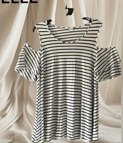 Elle STRIPED COLD SHOULDER DOUBLE OR RUFFLE SLEEVES SWING BOTTOM BLOUSE
